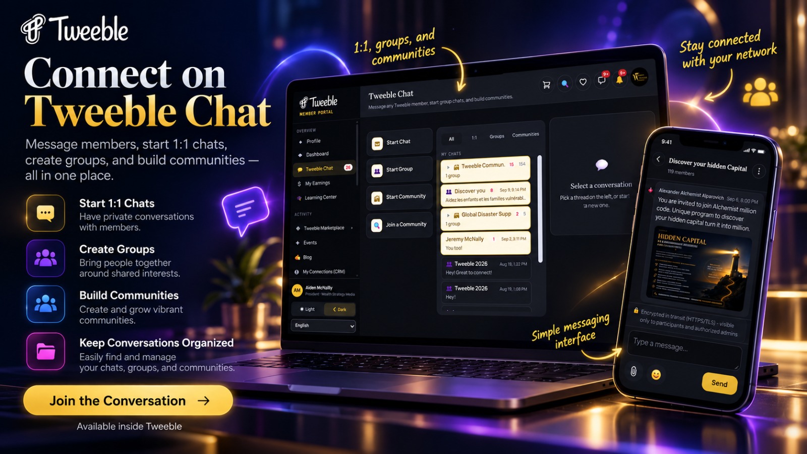 Tweeble Chat conversation list and message thread on laptop and phone