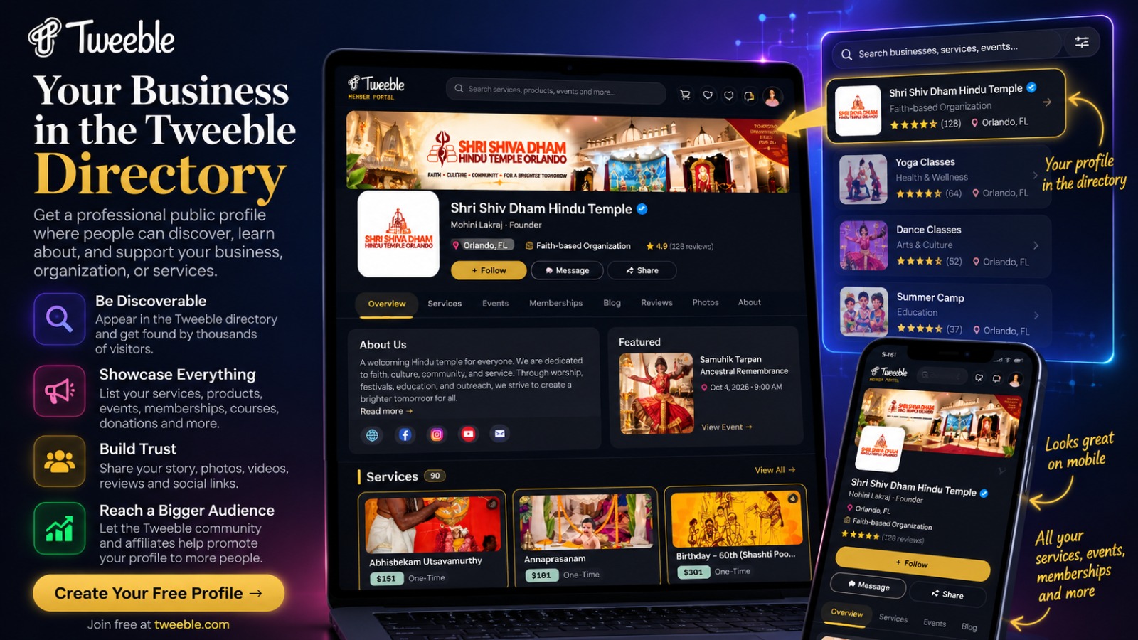 A published Tweeble business directory page and mobile view