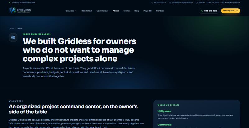 Gridless Global About page, powered by Tweeble