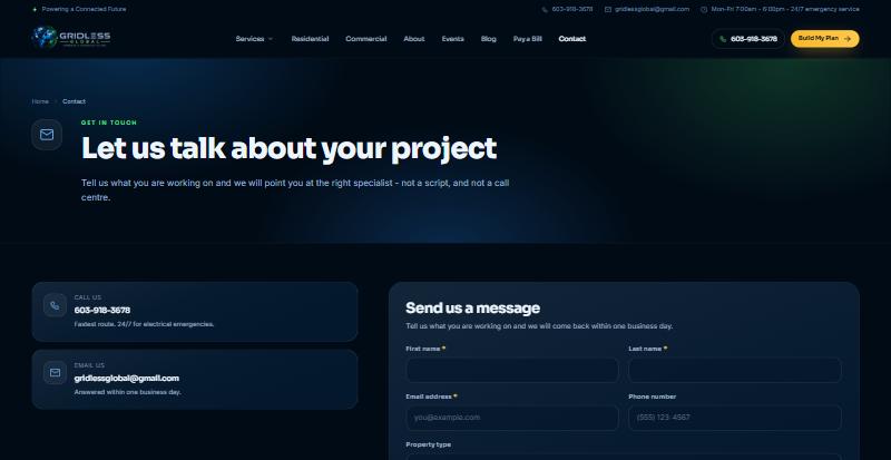 Gridless Global Contact page, powered by Tweeble