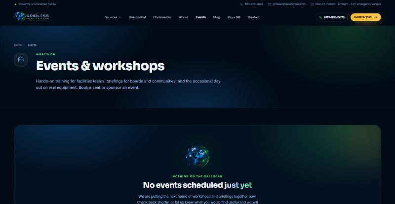 Gridless Global Events page, powered by Tweeble