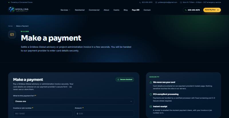 Gridless Global Pay a Bill page, powered by Tweeble