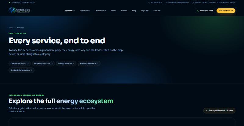 Gridless Global Services page, powered by Tweeble