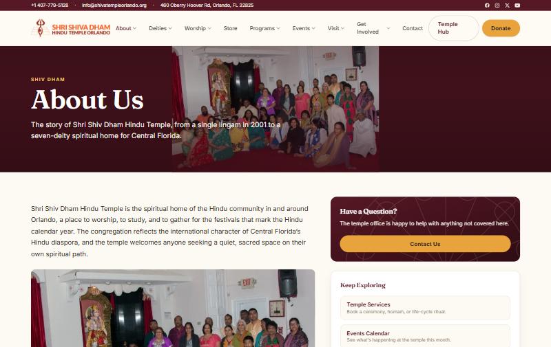 Shri Shiv Dham Hindu Temple About Us page, powered by Tweeble