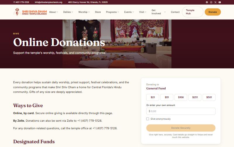 Shri Shiv Dham Hindu Temple Donate page, powered by Tweeble