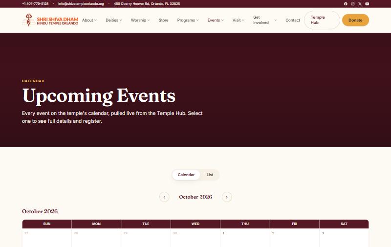 Shri Shiv Dham Hindu Temple Events page, powered by Tweeble