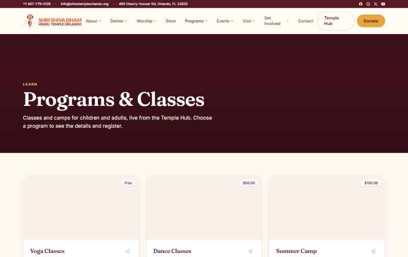 Shri Shiv Dham Hindu Temple Programs page, powered by Tweeble