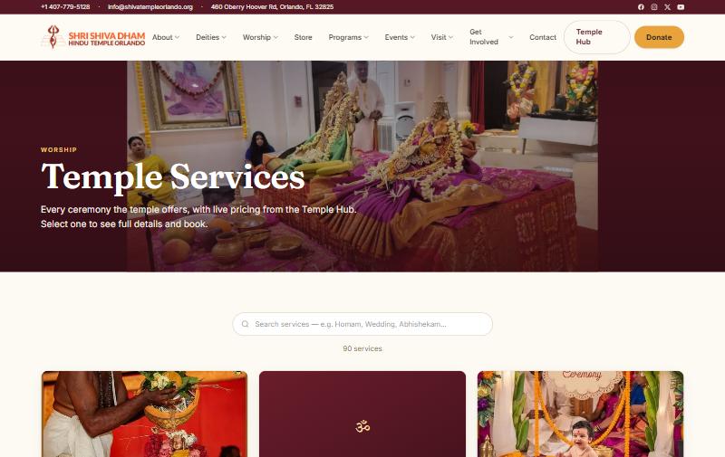 Shri Shiv Dham Hindu Temple Temple Services page, powered by Tweeble